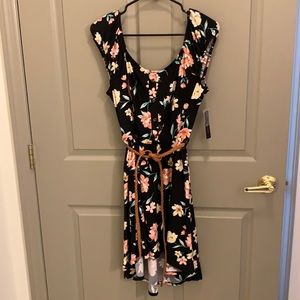 High low floral dress with belt (slightly below knees)